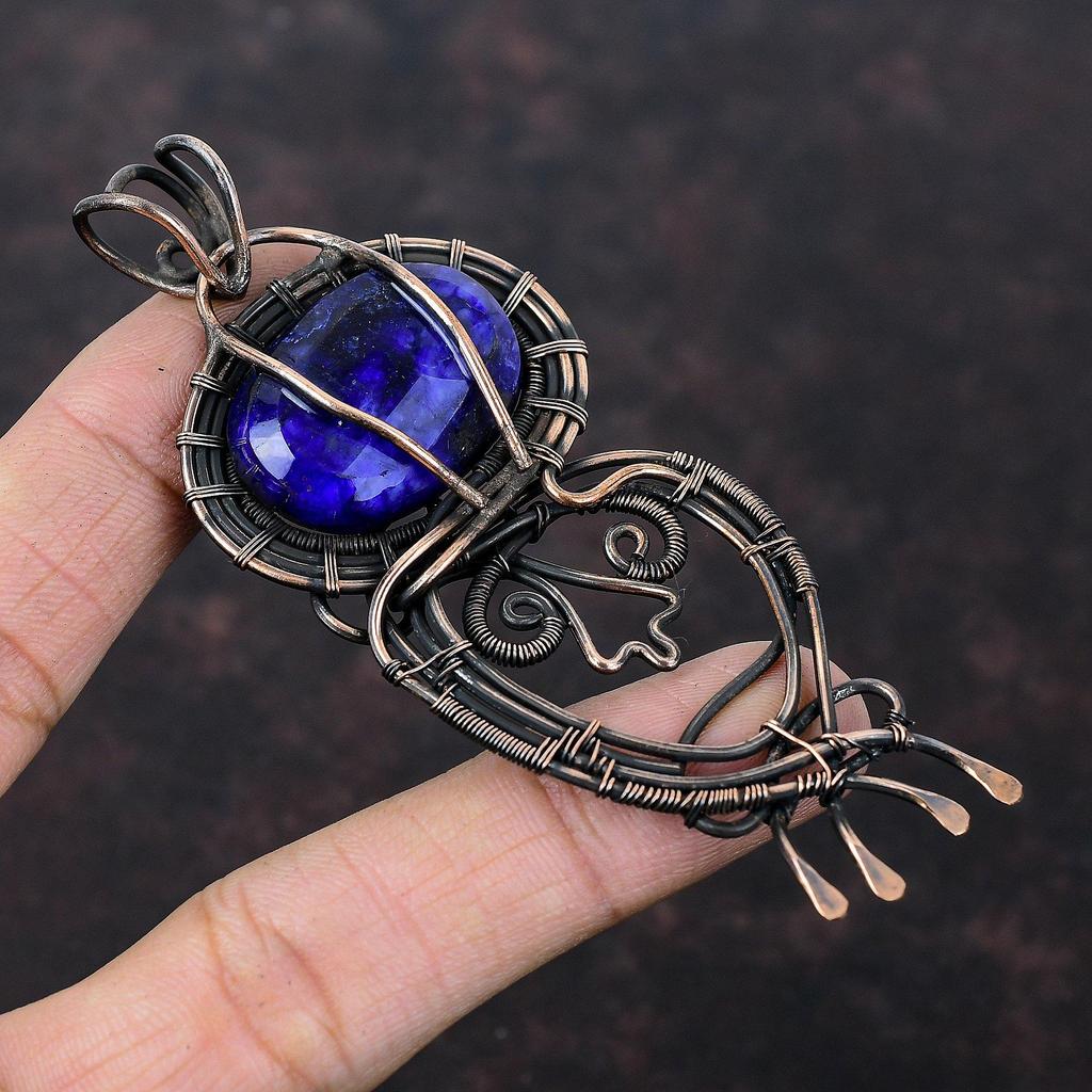 Faceted Blue Sapphire Pendant Copper Wire Wrapped Pendant Gemstone Pendant Handmade Copper Jewelry Designer Pendant Antique Jewelry For Gift