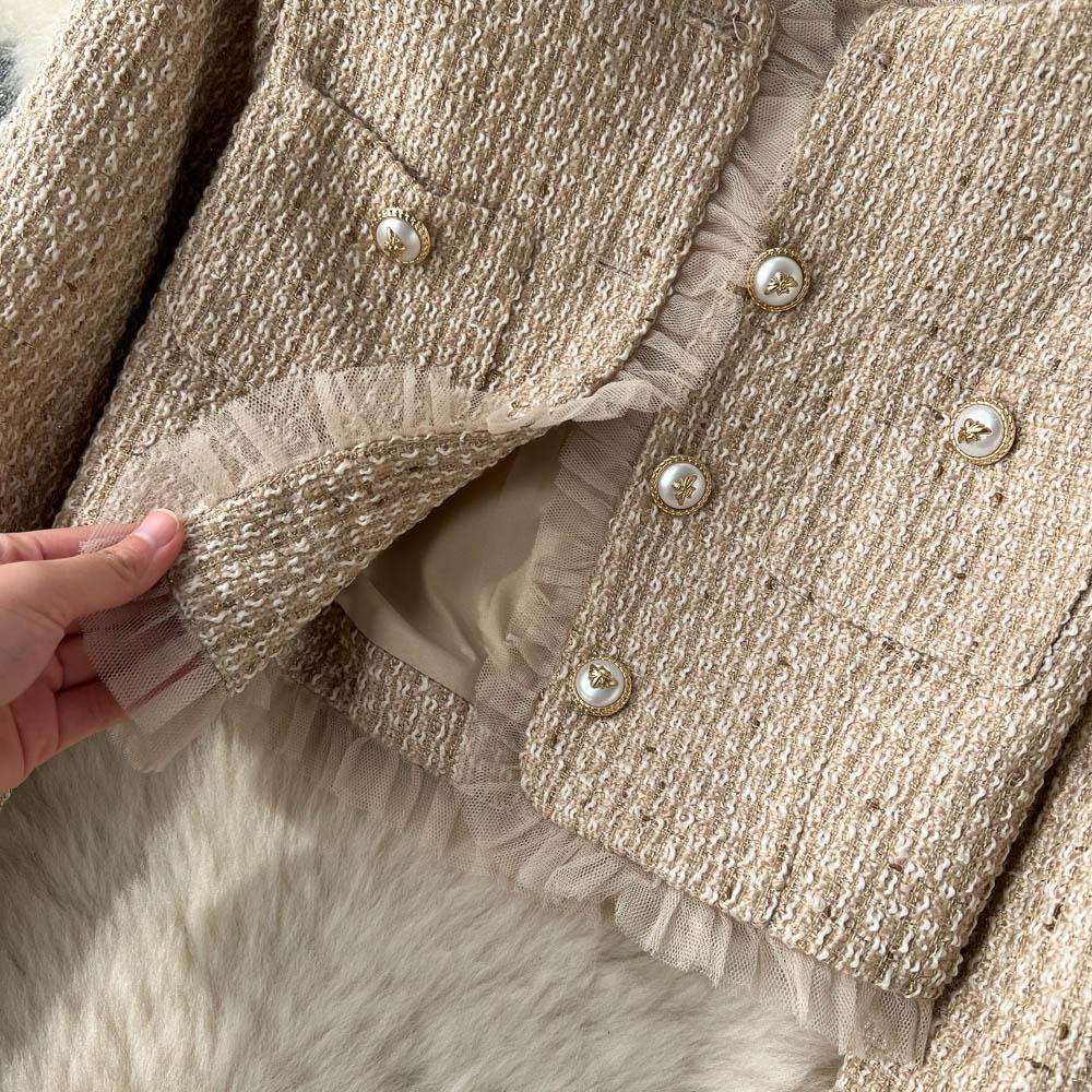 Новое весенне-осеннее шерстяное лоскутное платье-миди из тюля на тонких бретельках + короткий твидовый жакет-пальто для женщин, комплект из 2 предметов, наряды