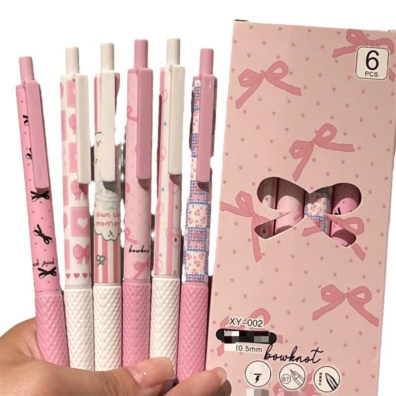 6Pcs/box Sweet American Pink Color Gel Pens for Kids Cream Bow Cake Dessert Stationery Gel Pen 0.5mm Black Ink Pen for Writing