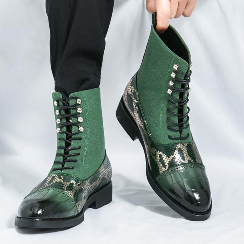 Зимняя Новая Мода Змеиный Принт Комбинированные Мотоциклетные Ботильоны с Острым Носком Высокие Для Мужчин На Плоской Подошве Обувь на Все Случаи Жизни Zapatos Hombre
