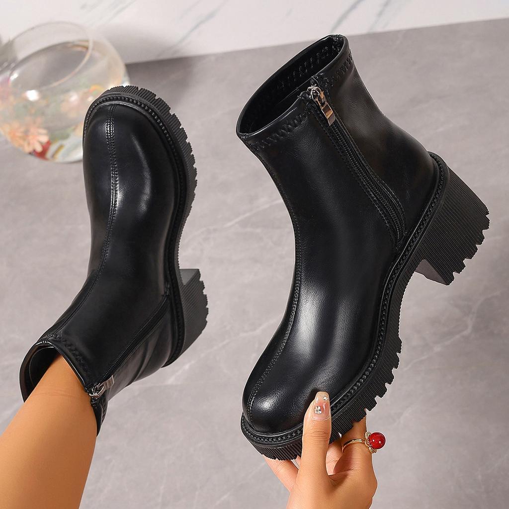Мода Модные толстые высокие каблуки ботильоны женские 2024 осень боковая молния PU кожаные ботинки женские большие размеры черные толстые каблуки ботильоны
