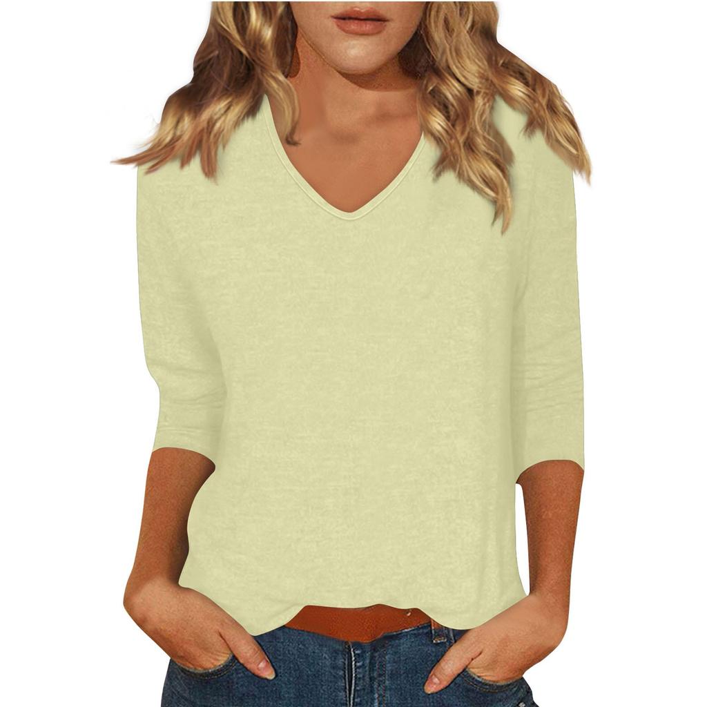 Женская модная повседневная однотонная футболка с v-образным вырезом и рукавами 3/4, топ