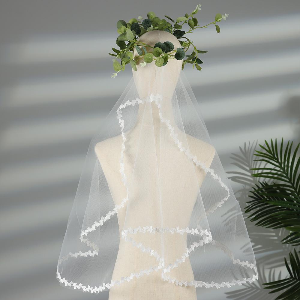 Elegant White Ivory Two Layer Short Simple Wedding Veil Lace Edge Bridal Veil Women's Tulle