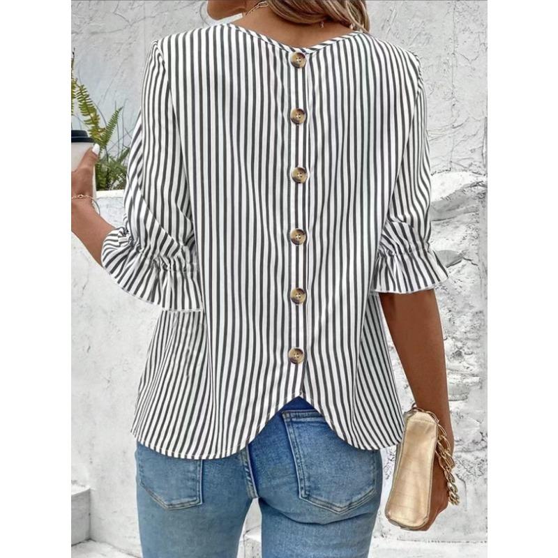 Fashion Striped Pattern Women Shirts Summer Five Quarter Sleeve Ladies Button Blouse 2XL Plus Size Casual Shirt
