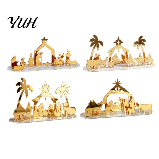 Acrylic Holiday Ornaments Christmas Ornament, Mirrored Golden Silhouette Scene, Decorative Seasonal Home Decor Desktop Display for Living Room