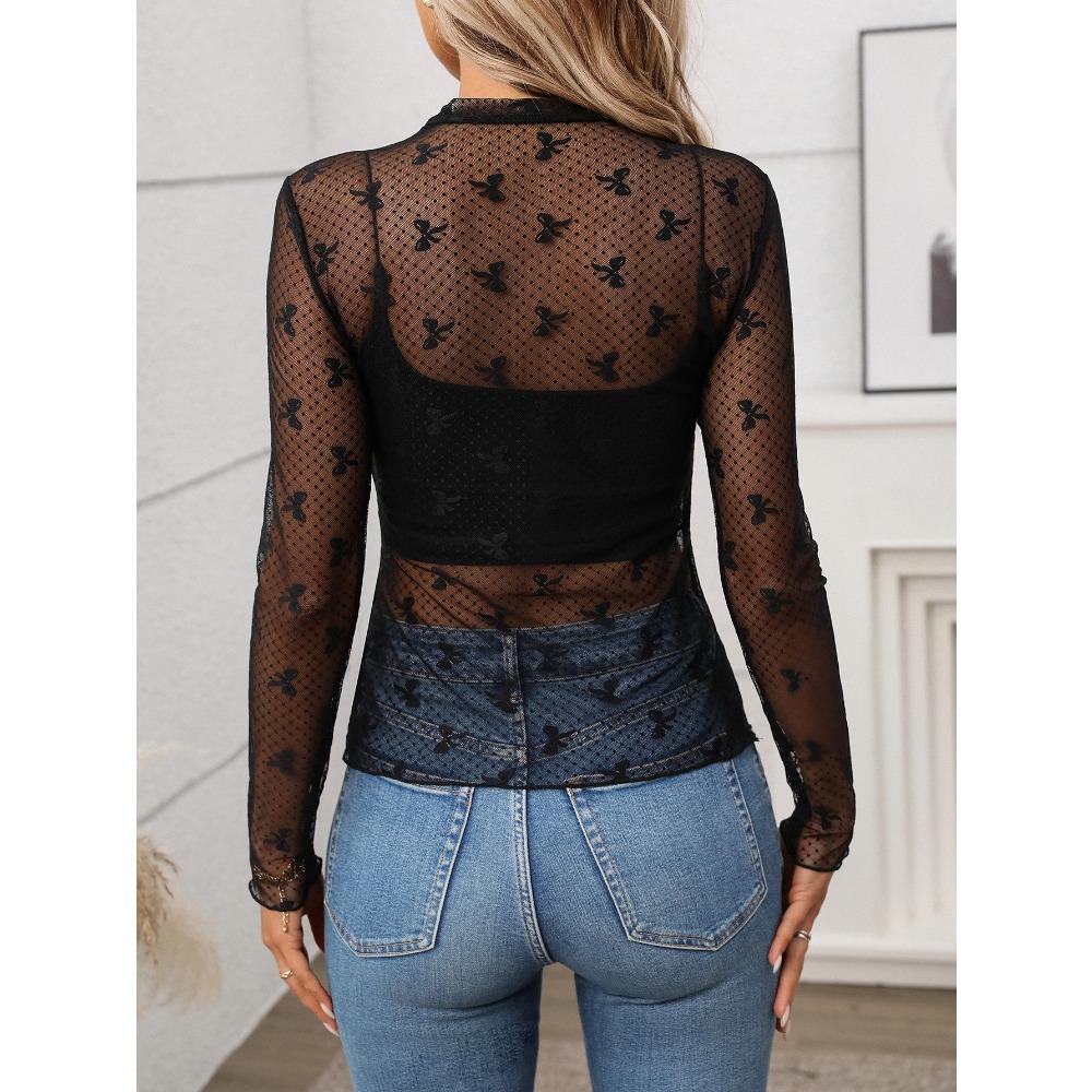 Женский сексуальный сетчатый топ с полувысоким воротником и прозрачными длинными рукавами