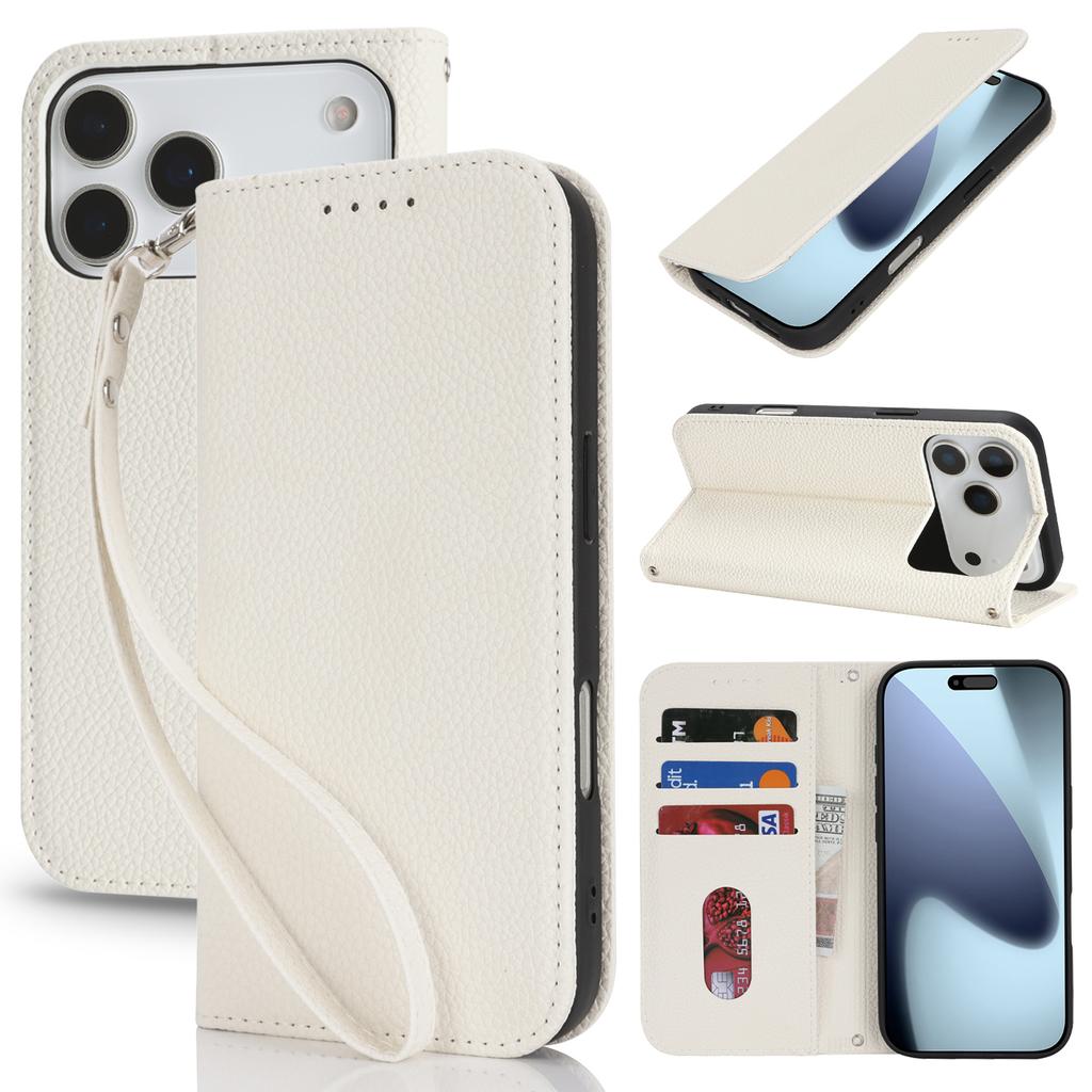 For iPhone 17 Pro Max Case Stand Wallet Litchi Texture Leather Flip Phone Cover with Strap