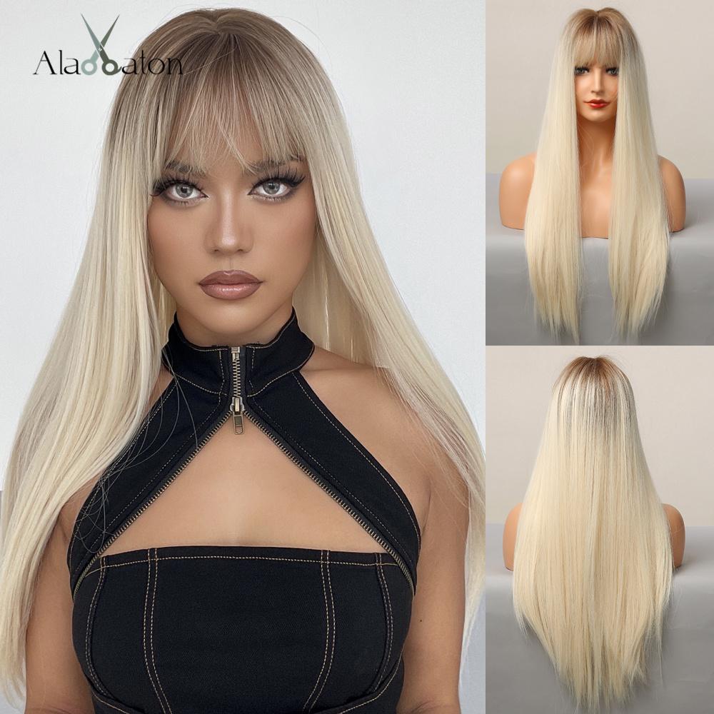 ALAN EATON Темно-коричневый синтетический парик с челкой, шелковистые прямые длинные многослойные парики для женщин, термостойкие для повседневного косплея и вечеринки