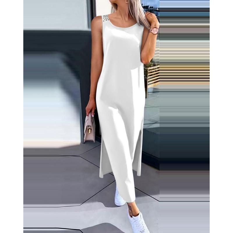 VEZFAA Женская мода лето весна однотонный принт без рукавов с круглым вырезом повседневные платья