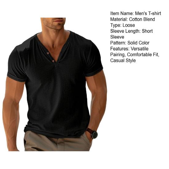 Men's Henry Collar T-shirt Short Sleeve Solid Color Summer Tee Shirt Cotton Blend Casual Top for Daily Wear Beach Travel