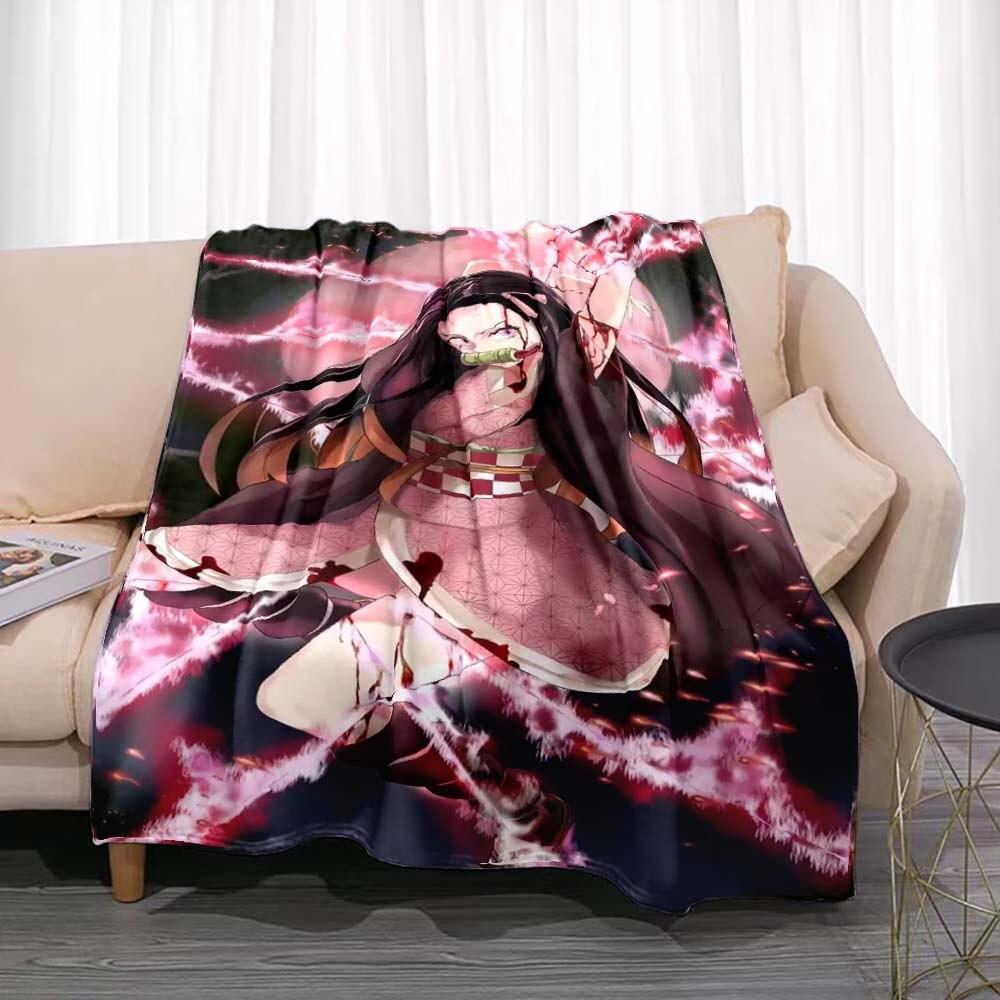 Demon Slayer Flannel Throw Blanket Anime Cartoon Smooth Soft Bedspread Warm Gamer Gift Living Room Sofa Home Bedroom Decor