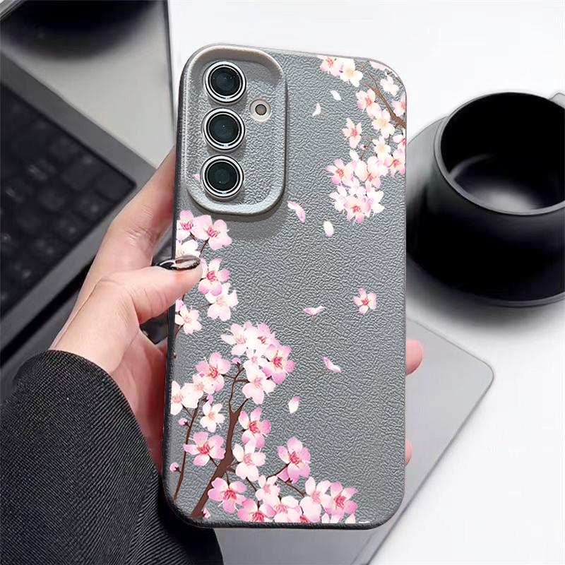 Розовые Цветы Персика Цветочный Чехол Для Samsung S26 S25 S24 Ultra S23 S22 S21 FE A15 A16 A17 A26 A35 A36 A37 A54 A55 A56 A57 5G Чехол с Текстурой Кожи