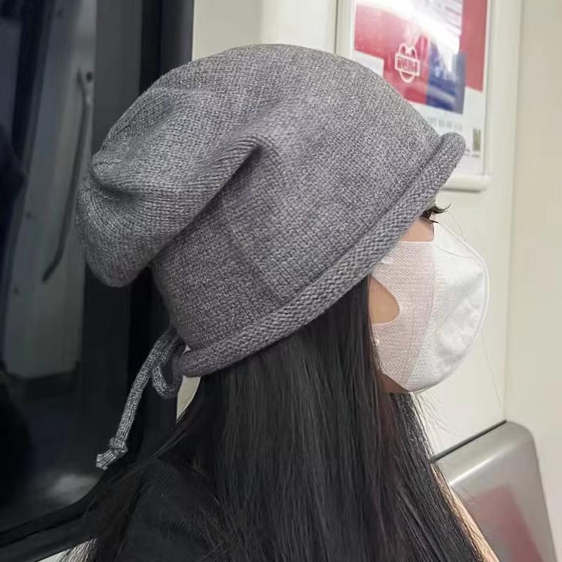 Drawstring Baggy Slouchy Beanie Bonnet For Women Autumn Winter Ear Keep Warm Skullies Cap Fashion Girl Kint Woolen Hat