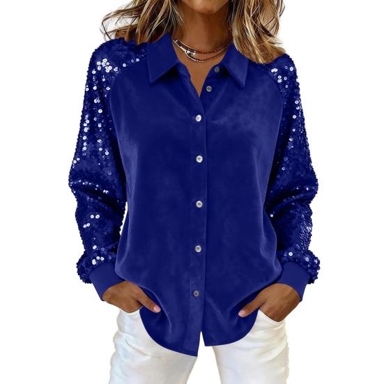 Женская рубашка на пуговицах с лацканами, с длинным рукавом, топы, однотонная, свободного кроя, с блестящими пайетками на рукавах, бархатная рубашка, одежда для коктейльной вечеринки
