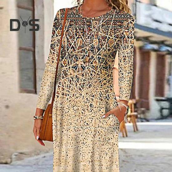 Осенне-весеннее женское платье с круглым вырезом и карманами, длинными рукавами, трапециевидным принтом, свободное платье макси с нерегулярным подолом для свиданий