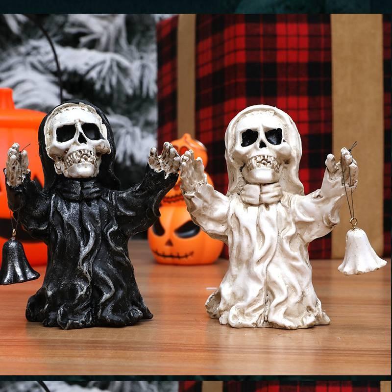 Уникальное Хэллоуинское полимерное украшение в виде скелета-призрака с ручным колокольчиком для жуткой атмосферы