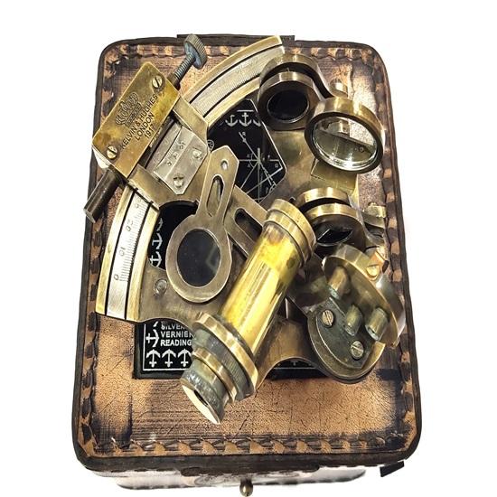 Латунный морской секстан 10,16 см с коричневым кожаным футляром, морская астролябия, корабельные инструменты, подарок на годовщину, столешница