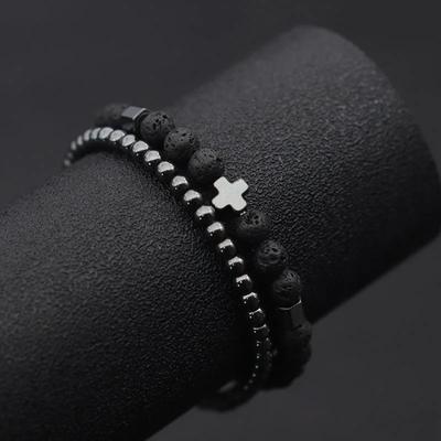 2 шт., комплект мужских браслетов с гематитовым крестом, браслет для Hombre, натуральный лавовый браслет с тигровыми глазами, камень, браслет Homme, браслет из бисера, Brazalete Pulseira
