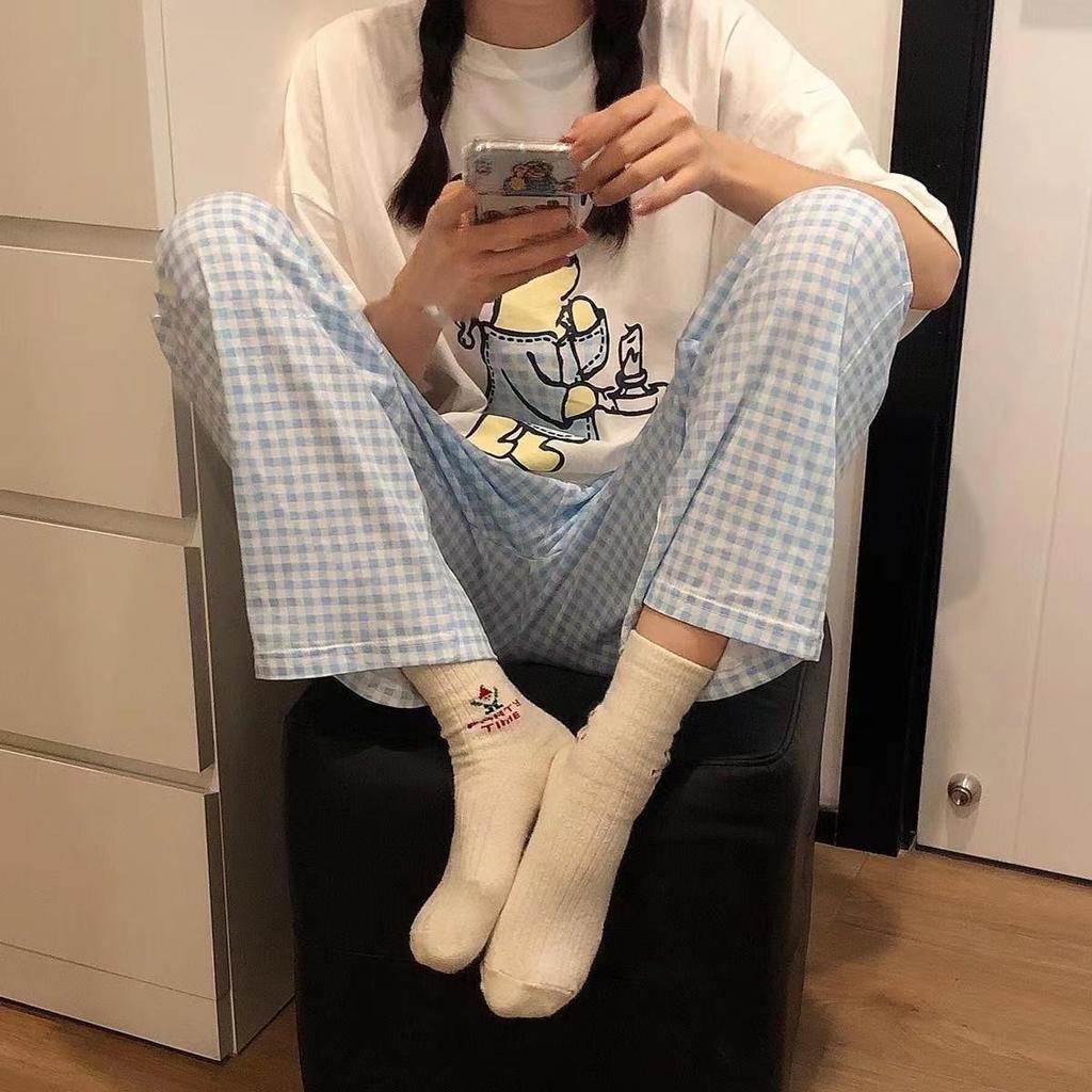 Women's Plaid Pajama Trousers: Comfortable, Loose-Fitting, Thin, Anti-Mosquito, Suitable for Home or Outdoor Wear with Wide Legs.