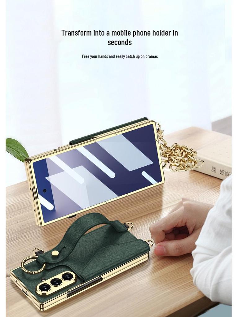Samsung Z Fold7 Wristband Case: Fashionable Electroplated Leather with Card Holder and Lanyard