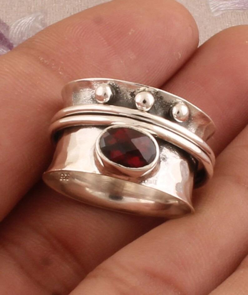 Spinner Band 925 Серебряное кольцо Красные ювелирные изделия с гранатом Заявление Кольцо Бохо Кольцо Женское кольцо Серебряные украшения Кольцо унисекс
