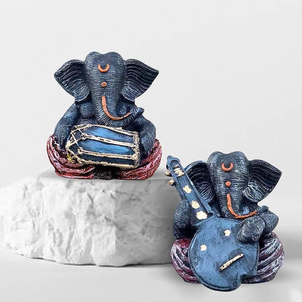 Resin Musical Ganesha Pair for Home Decor | Brings Prosperity - (Grey & Red, Pack of 2)
