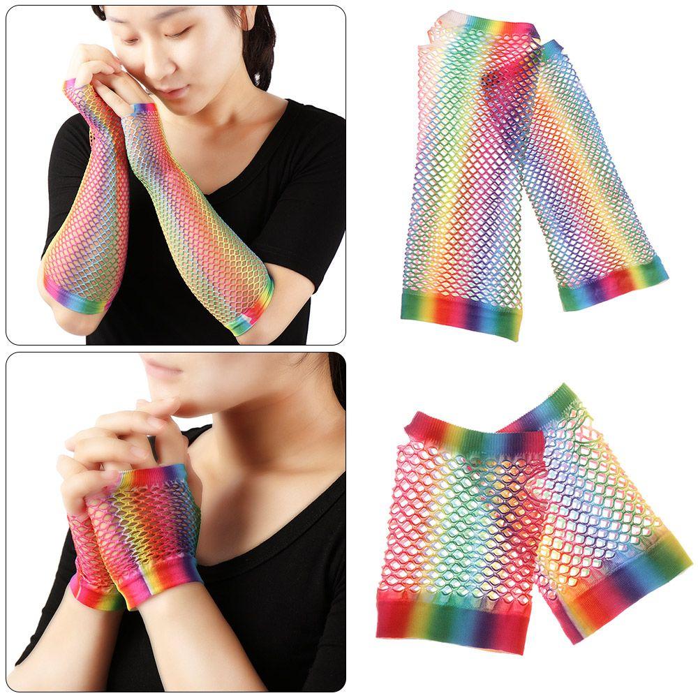 Fashion Wedding Party Colorful Disco Dance Hollow Out Holes Gloves Fingerless Mesh Net Rainbow