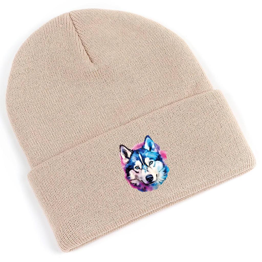 Vivid Wolf Head Print Knitted Hat Beanie,Husky Dog Skullies Soft Hip Hop Versatile Thermal Knit Cap Beanie