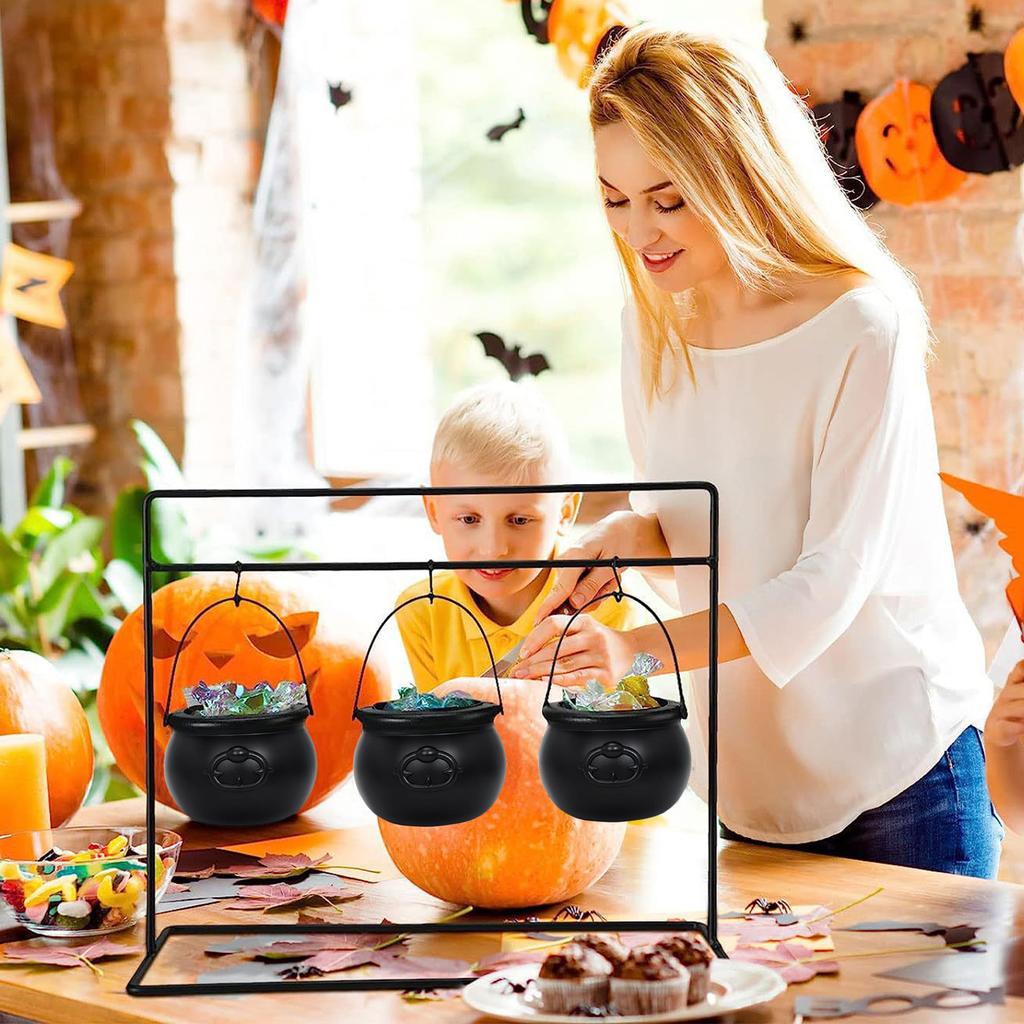 Halloween Candy Bowl Decorations Black Plastic Cauldron Bowls with Iron Rack, Halloween Party Decorations Candy Bucket