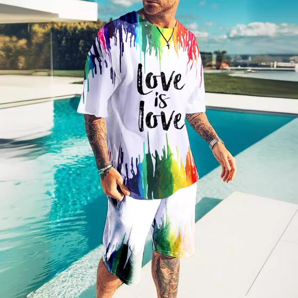 Мужская летняя уличная одежда с принтом радужной лошади и букв 3D, футболка с коротким рукавом и шорты, комплект из 2 предметов, повседневный спортивный костюм, мужская одежда
