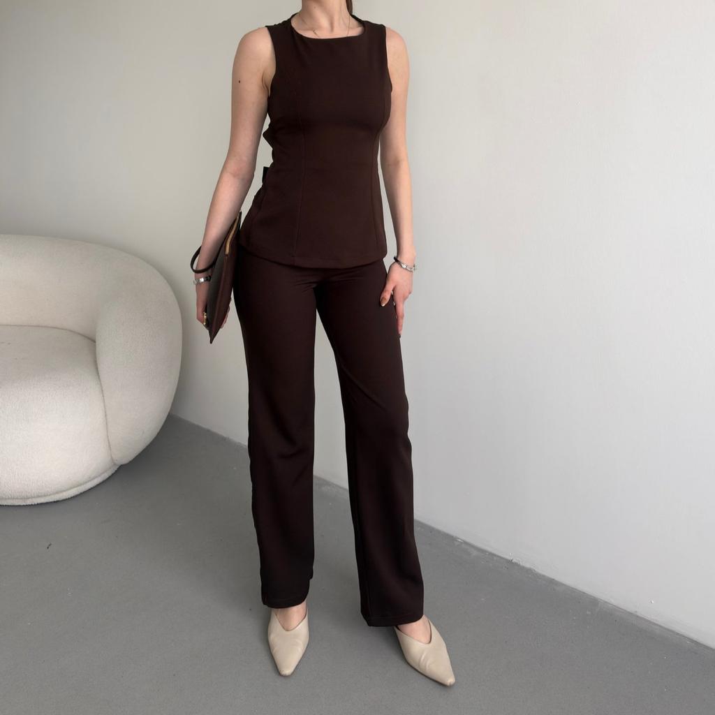 European and women's clothing new round neck sleeveless lace-up waist halter top high waist straight pants set
