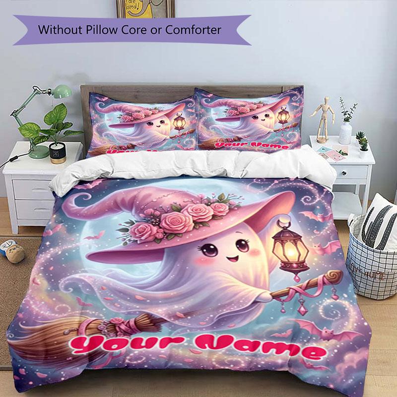 3PC Custom Name Ghostly Halloween Magic Bedding Set Printed Bedding Set Duvet Cover Closure Includes 1 Duvet Cover & 2 Pillowcases for All Seasons Bed