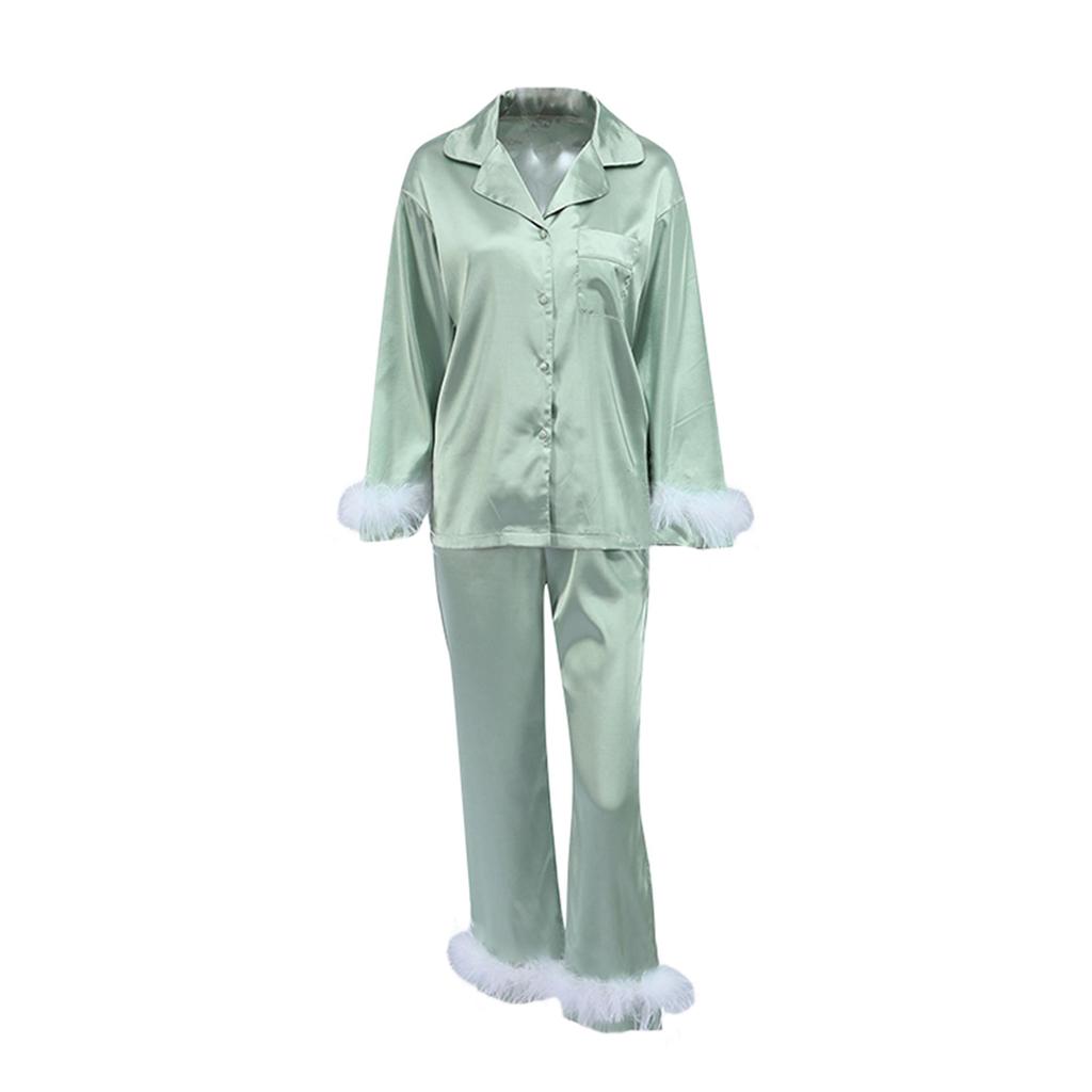 Women's Sleepwear, Feather Decoration Long Sleeve Button-Down Lapel Collar Tops + Pants Pajamas Set