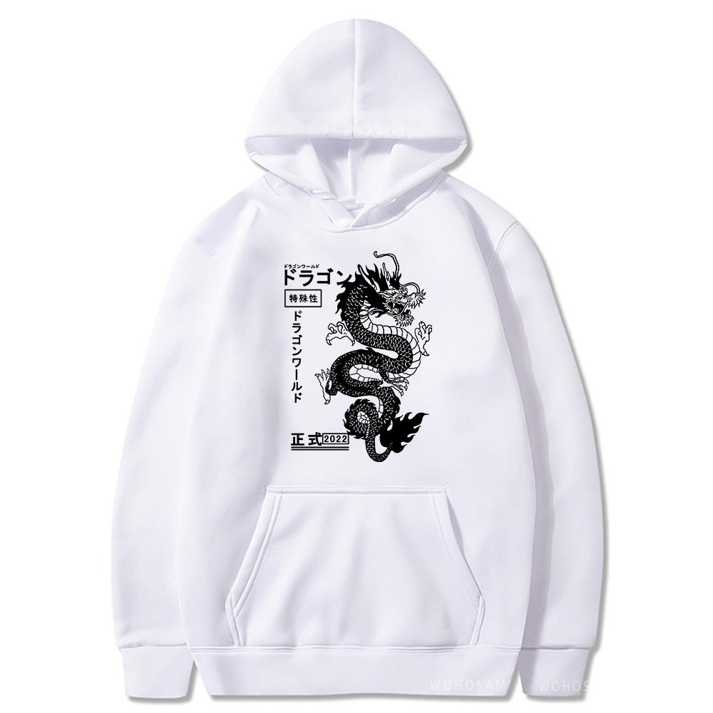 Japanese Letter & Dragon Graphic Drawstring Hoodies Unisex Fashion Casual Oversized Loose Pullover Tops Spring Autumn Black Sweatshirts