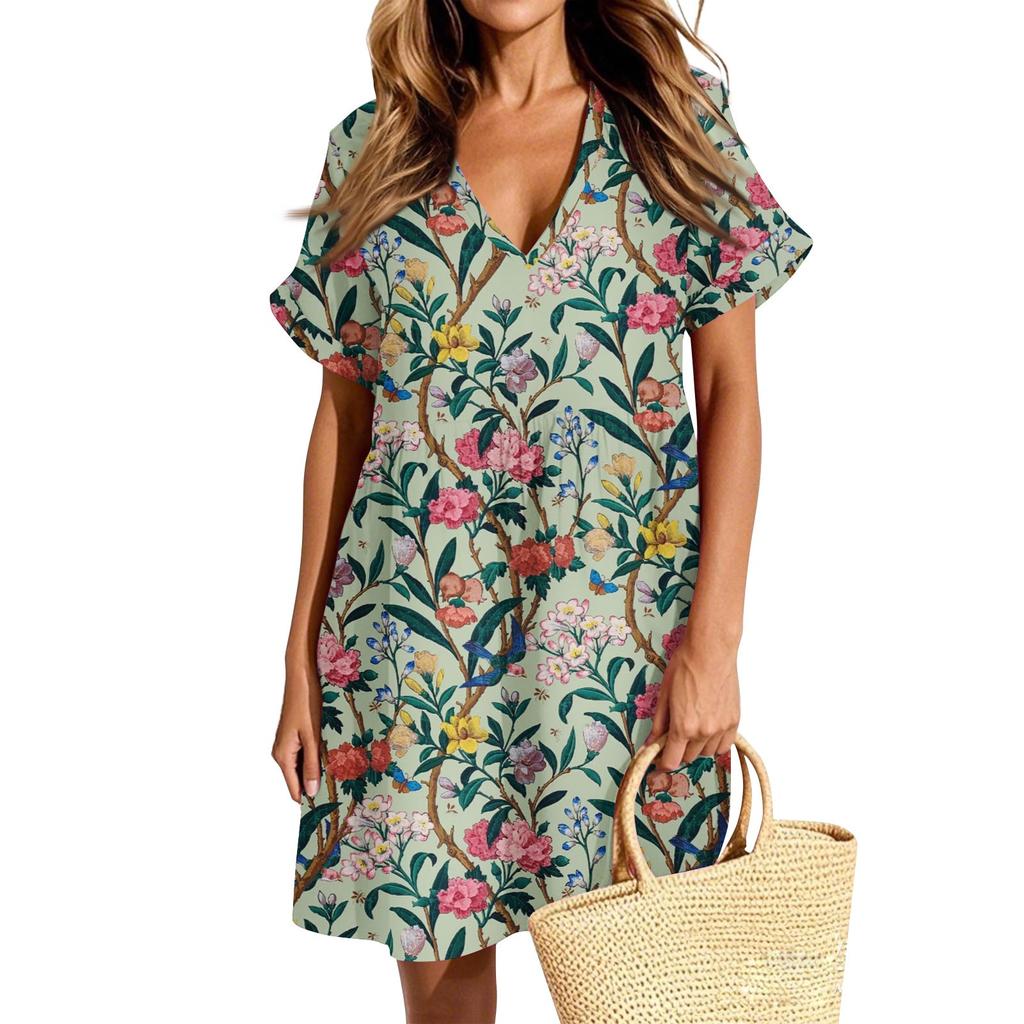Женское повседневное модное платье с винтажным цветочным принтом и коротким рукавом и V-образным вырезом