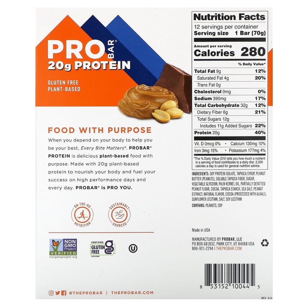 ProBar Protein Bar, Peanut Butter Chocolate, 12 Packs, 70 G (2.47 Oz) Each