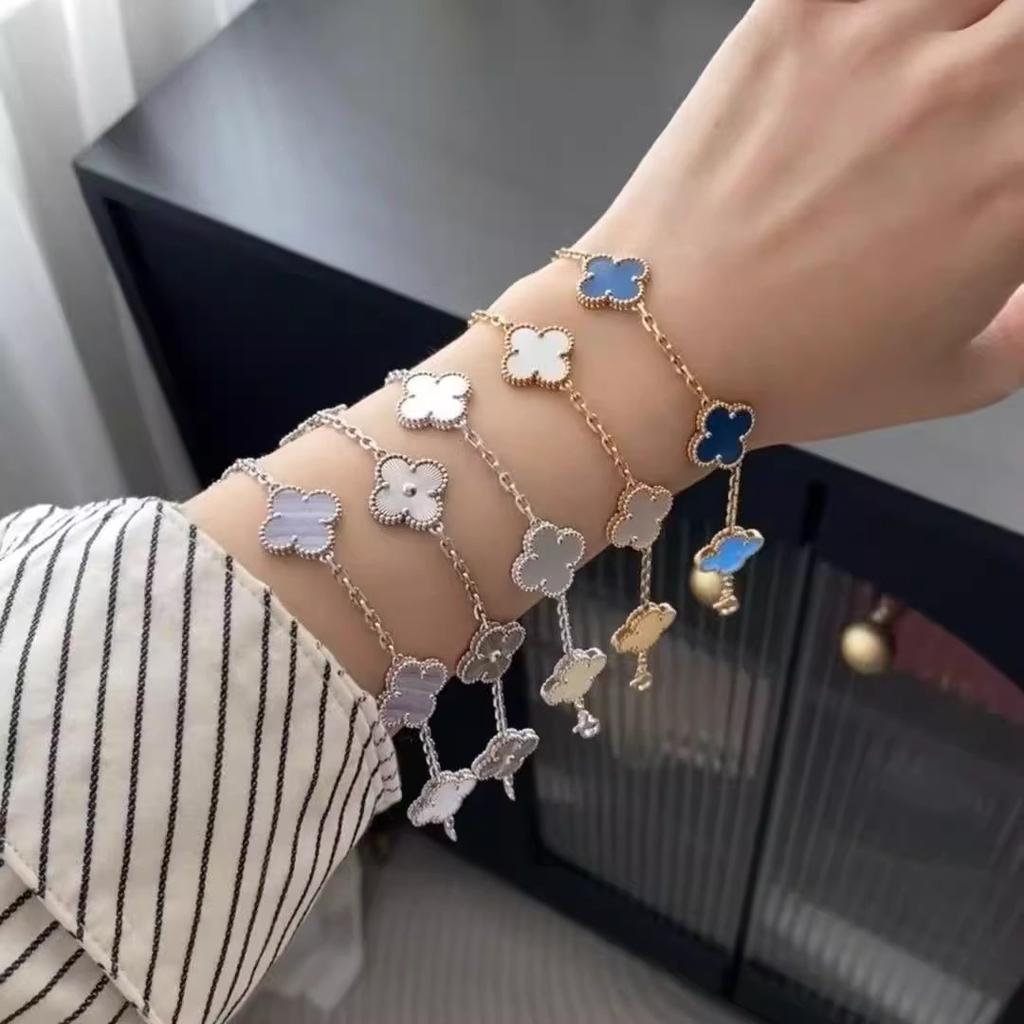 Браслет с четырехлистным клевером и пятью цветами, женский, 18k, с цветком удачи, с белым перламутром