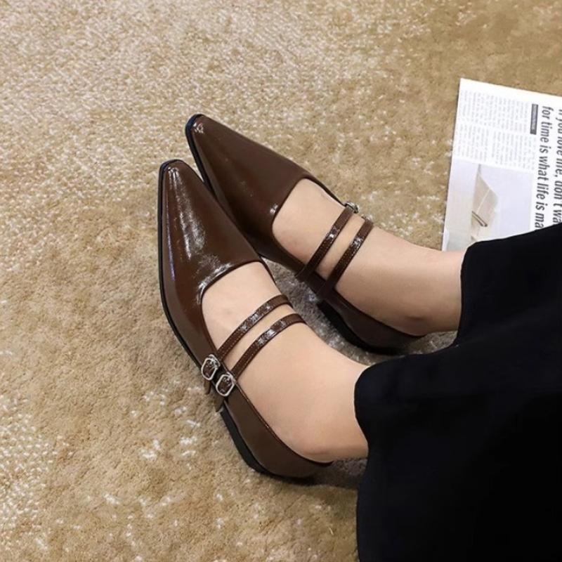 New Pointed Toe Women Shoes Fashion Shallow Buckle Shoes Ladies Dress Low Heel Leather Shoes