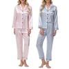 Женский комплект пижамы из 2 предметов из шелкового атласа, топ с пуговицами на лацканах и брюки, свободная рубашка в полоску и брюки с эластичным поясом, одежда для отдыха