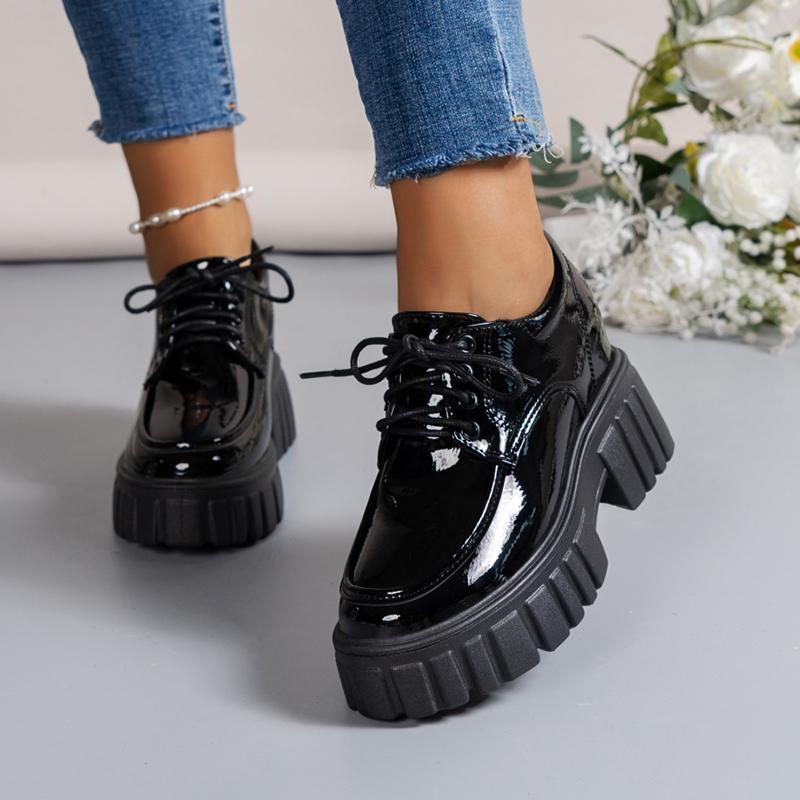 Lucyever Лаковые туфли-лоферы на массивной подошве для женщин Весенние туфли-лодочки на платформе со шнуровкой Женские удобные туфли на толстой подошве для студентов