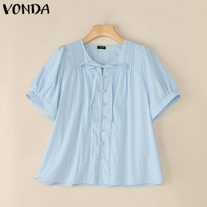 VONDA Summer Women O Neck Puff Sleeve Pleated Buttons Up Casual Blouse Tops