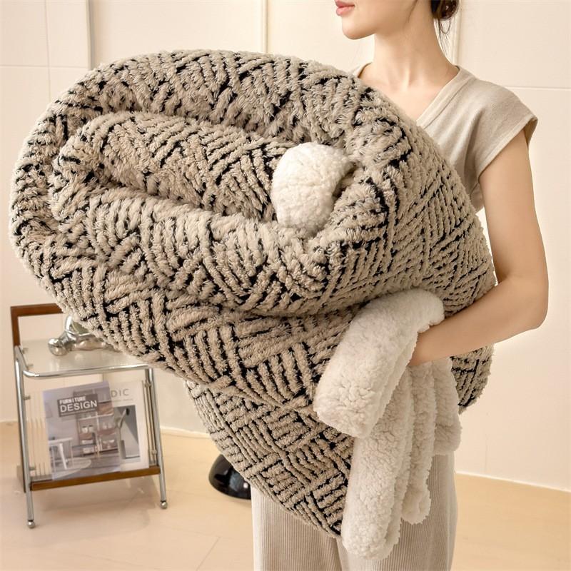 Soft Plush Double-Layer Blanket With Jacquard Winter Warmth Office Nap Bed Use
