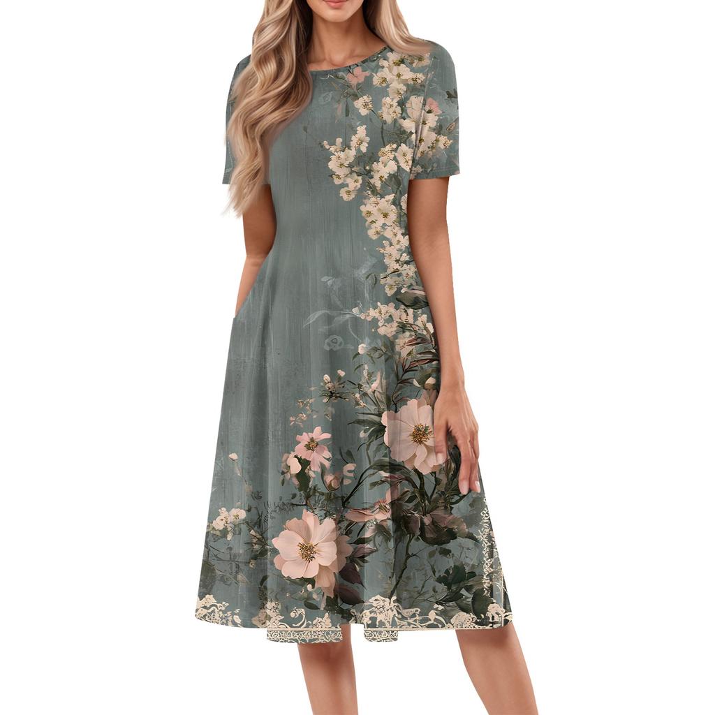 Женское повседневное модное платье миди с круглым вырезом и коротким рукавом с принтом