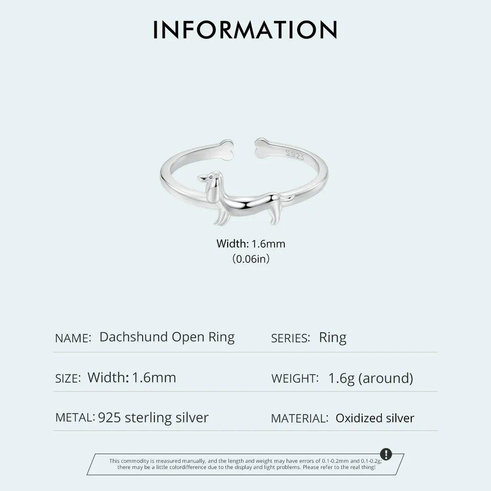 WOSTU Real 925 Sterling Silver Dachshund Open Ring For Women Pet Paw Adjustable Rings Fine Jewelry Gift For Fimaly Daughter