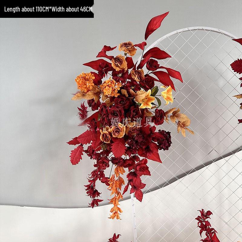 Red Floral Wedding Stage Backdrop with Artificial Flower Rows