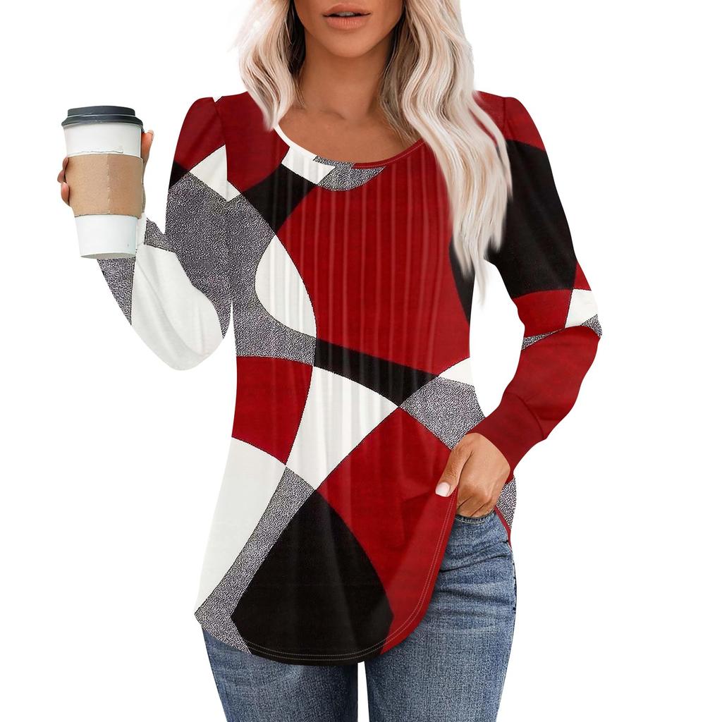 Рубашки с длинным рукавом для женщин, топы, нарядные повседневные блузки, плиссированные топы-туники с круглым вырезом