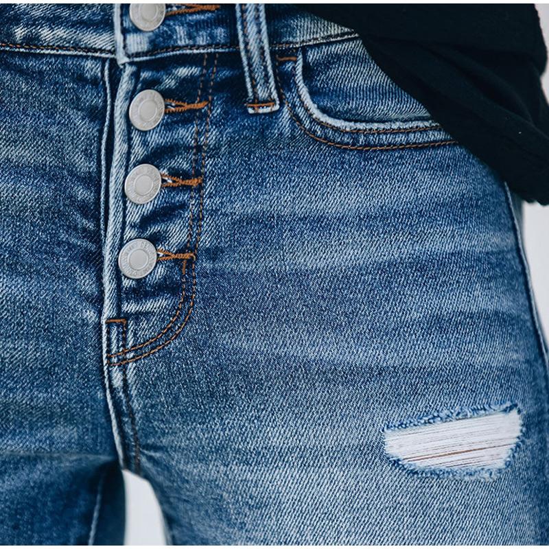 Женские облегающие джинсы с высокой талией, летние длинные джинсовые брюки с несколькими пуговицами и перфорацией, высокоэластичные офисные женские джинсы