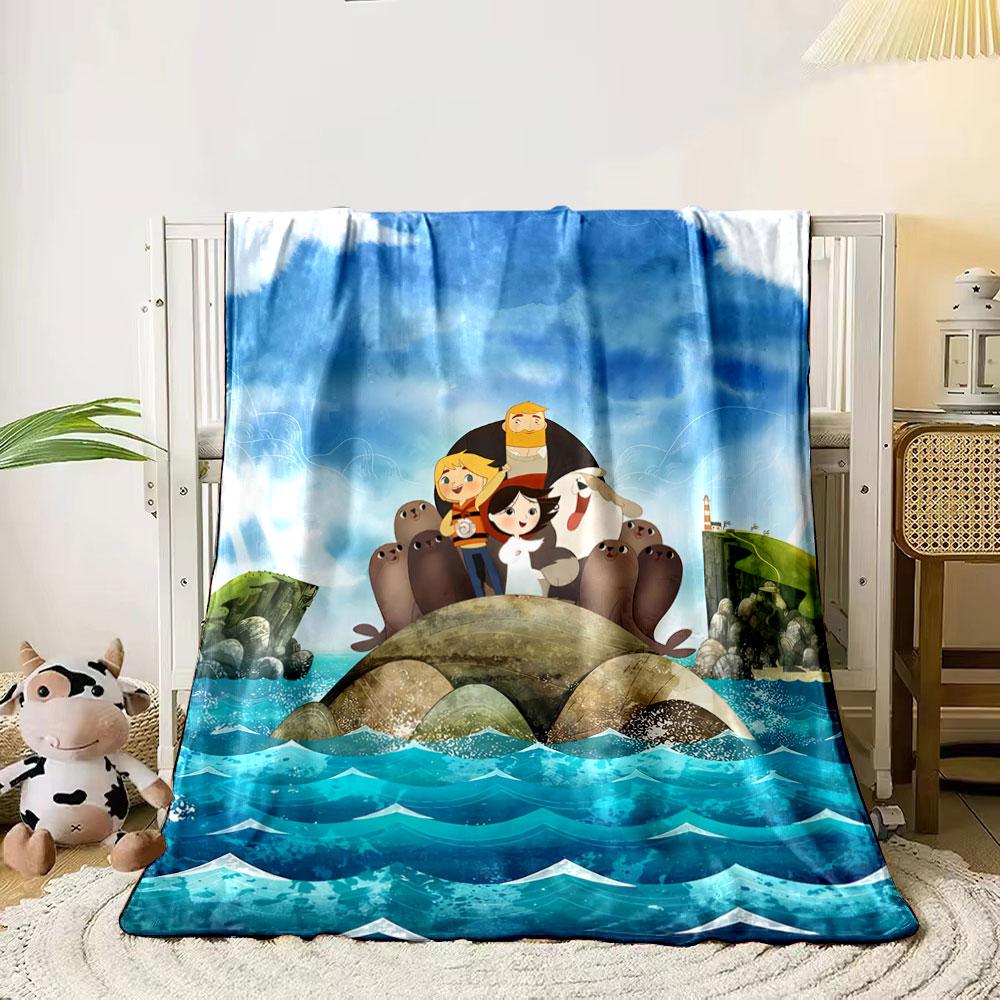 Characters stand on a rocky island surrounded by seals and ocean waves. for all seasons blanket lunch break throw gift
