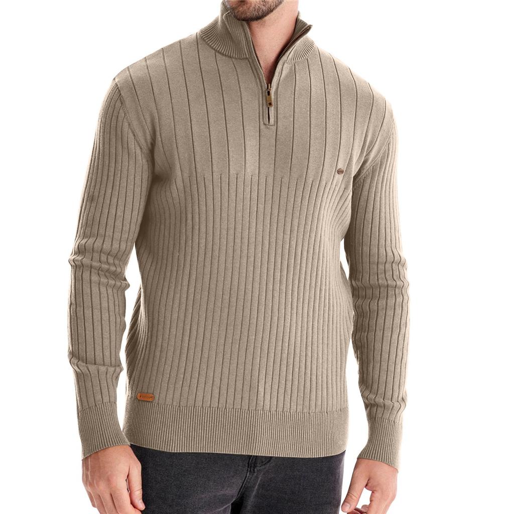 Men's Winter Solid Color Stand Collar Half Zipper Slim Fit Knit Long Sleeve Top
