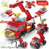 HUIQIBAO 6IN1 City Fire Car Police Truck Engineering Crane Building Blocks Tank Helicopter Bricks Set Toys for Children